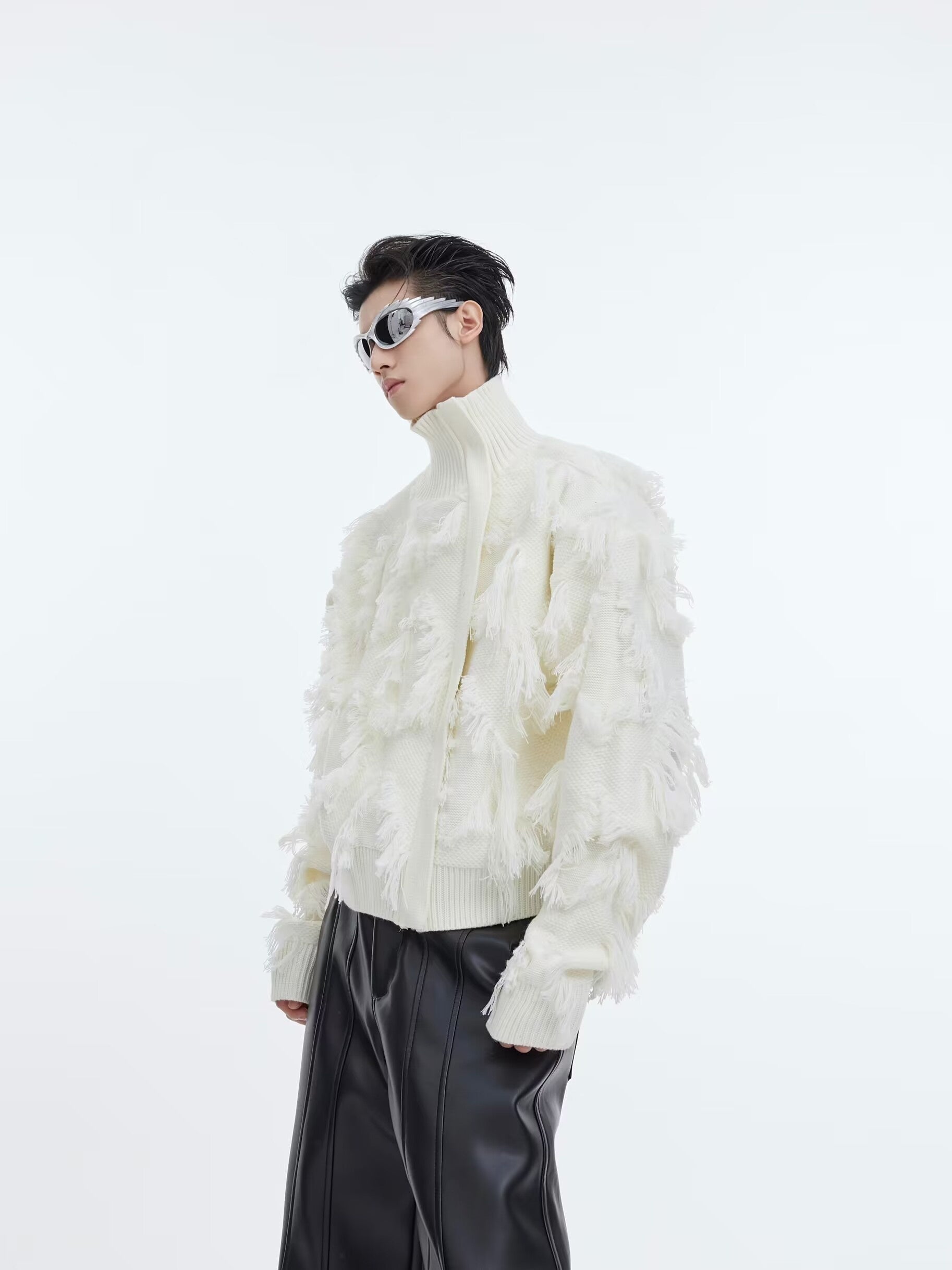 Fringe-Crochet-Knit-Sweater---Thick-Stand-Collar-Zip-Up-Oversized-White-(Women)