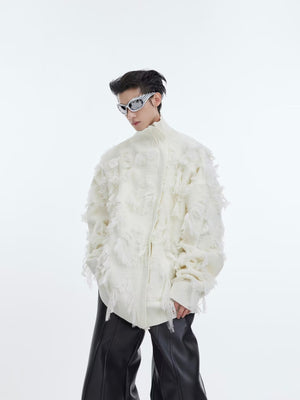 Fringe-Crochet-Knit-Sweater---Thick-Stand-Collar-Zip-Up-Oversized-White