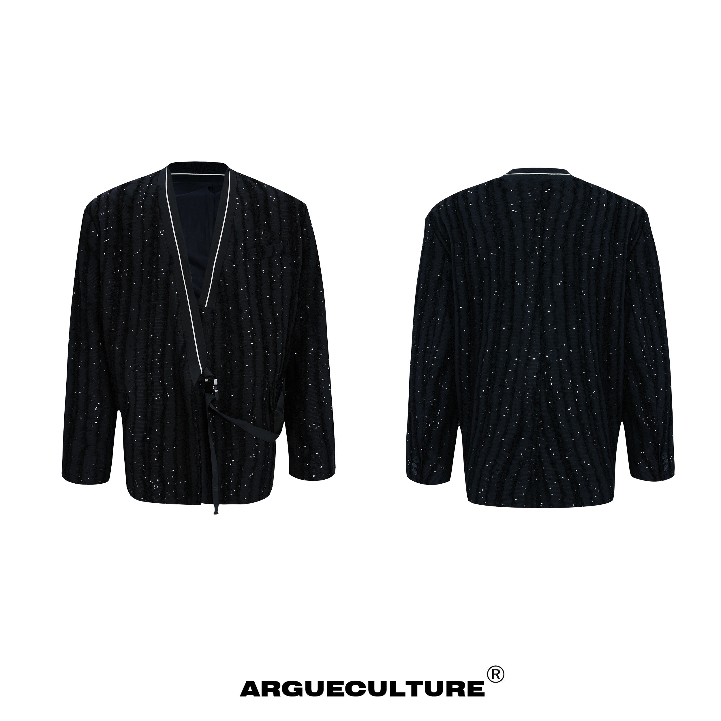 Fringe-Texture-Blazer-with-Sequin-Details---Streetwear-Top-Black-Jacket