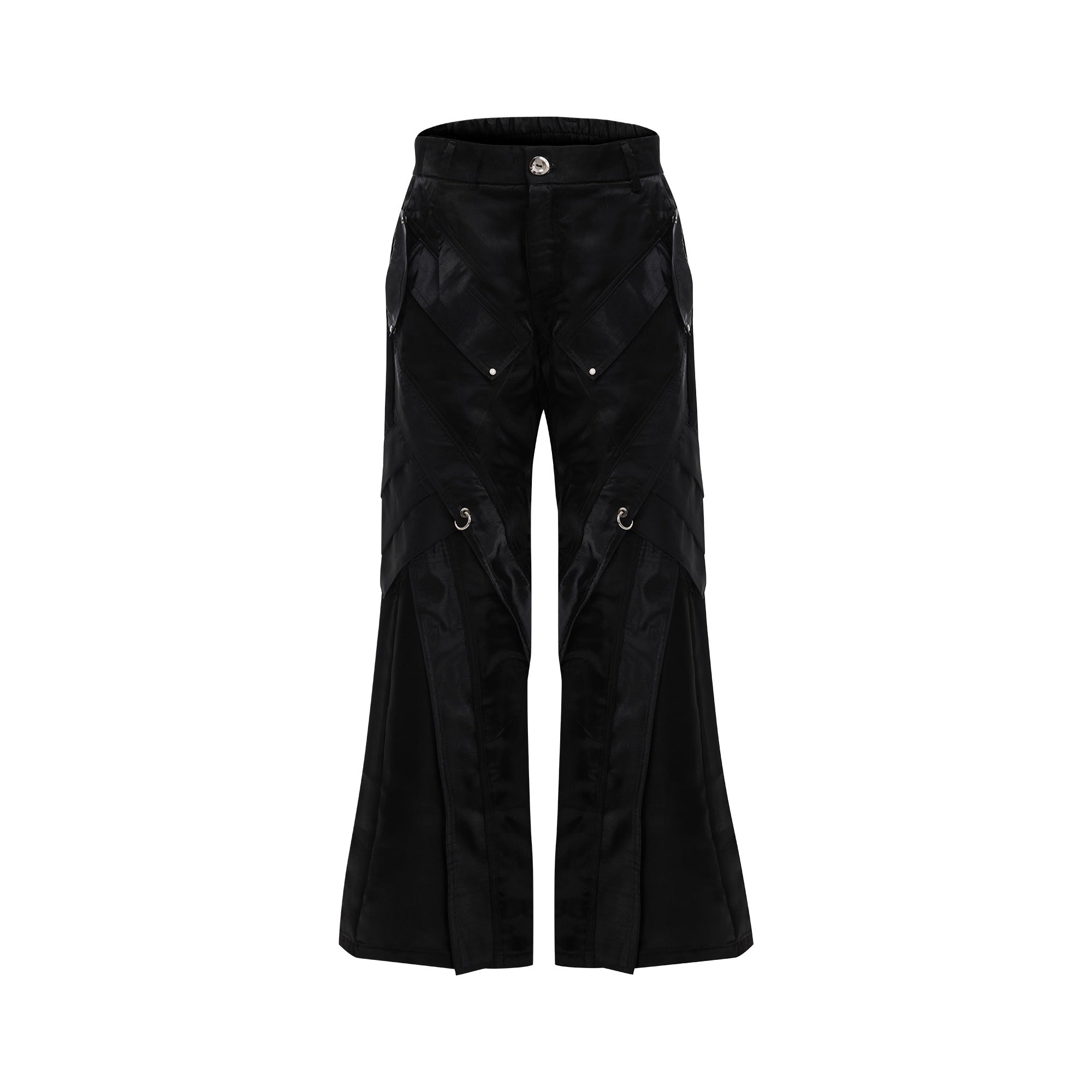 Futuristic-Liquid-Leather-Pants---Metallic-Buckles--Flared-Fit-Black