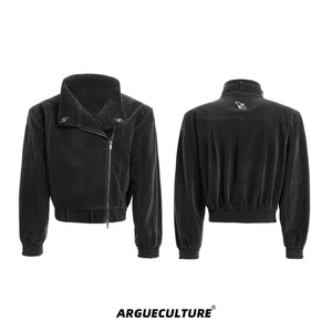 Glitter-Cropped-Jacket-with-Snake-Zip-Streetwear-Style-Brown-Jacket