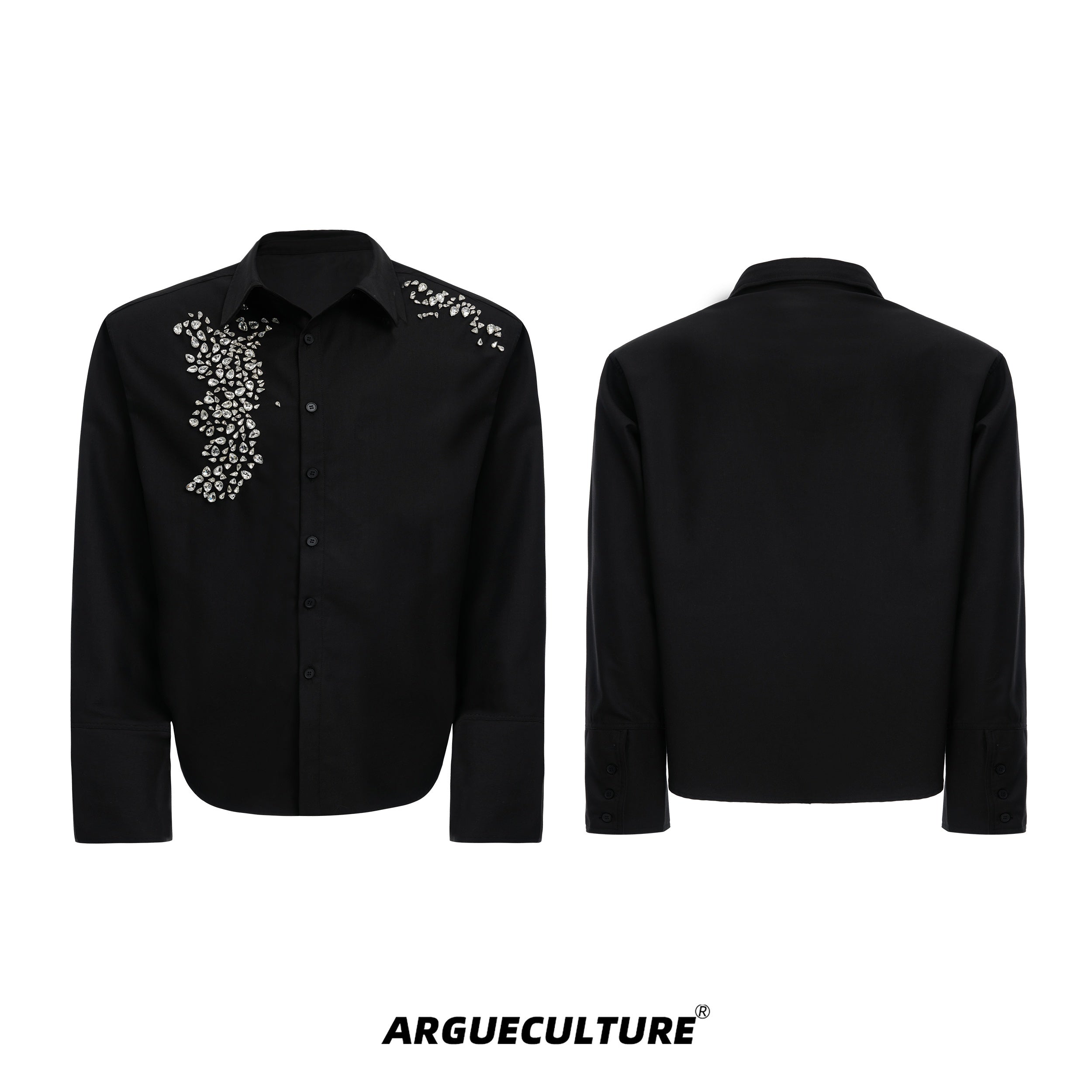 Glitter-Shoulder-Oversized-White-Shirt---Diamond-Trim-Luxury-Top-Black-Jacket
