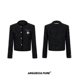 Glossy-Textured-Short-Jacket---Quilted-Shoulder-Pad-Coat-Black