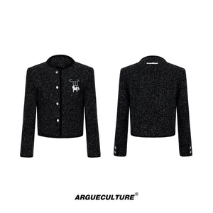 Glossy-Textured-Short-Jacket---Quilted-Shoulder-Pad-Coat-Black