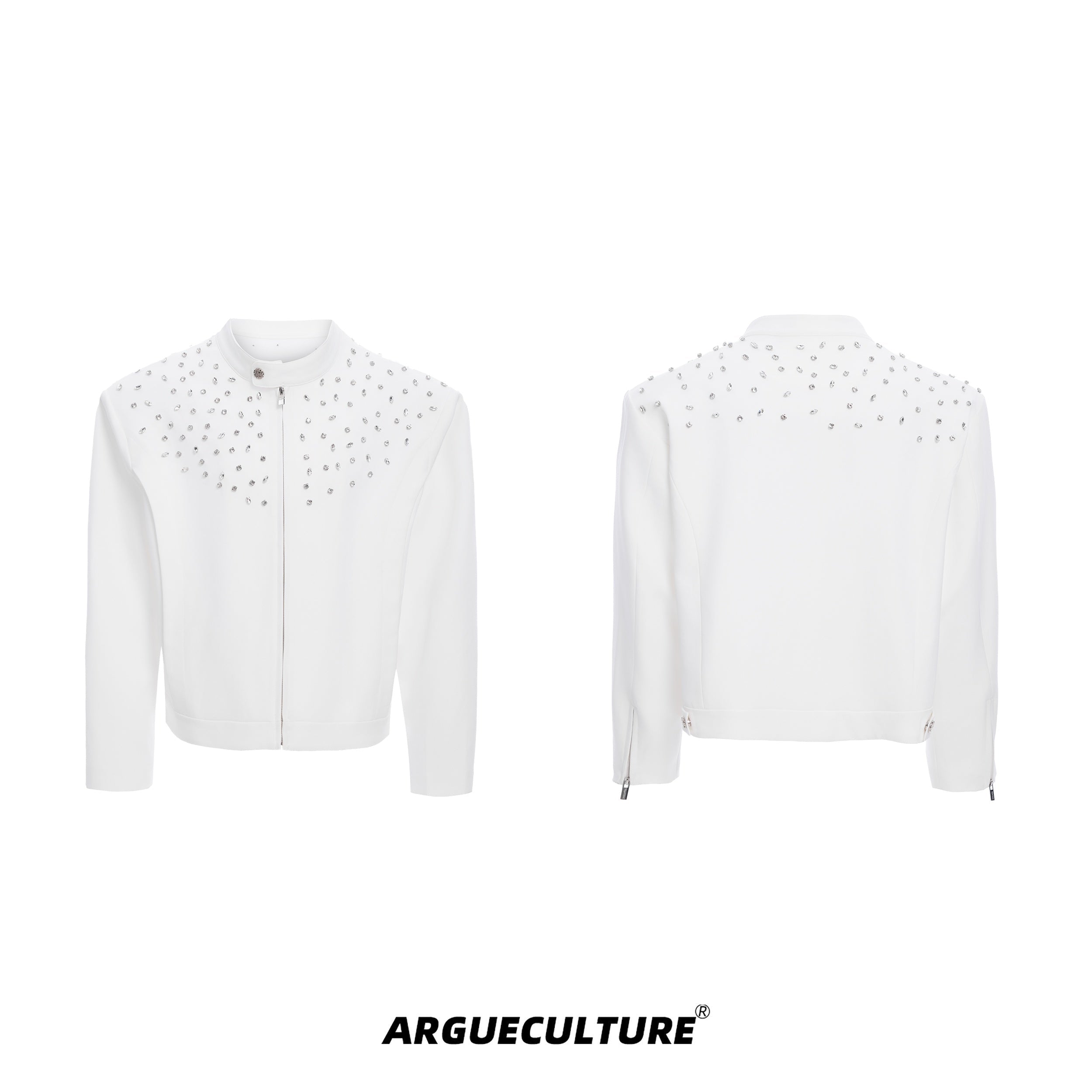 Handmade-Rhinestone-Harrington-Jacket---Slim-Fit-Short-Coat-White-jacket