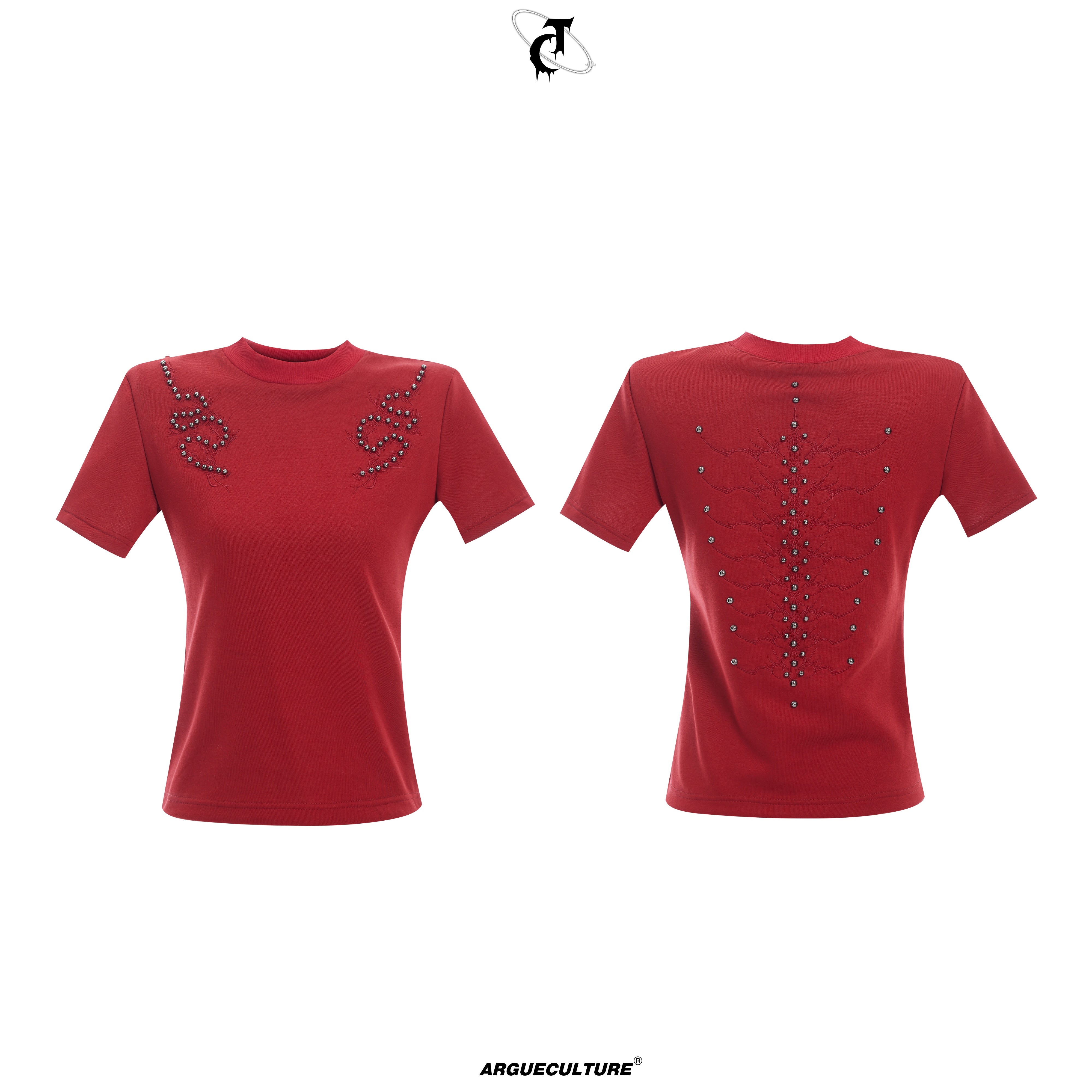 Heavyweight-280g-Short-Sleeve-T-Shirt---Studded-Spine-Embroidery-Red