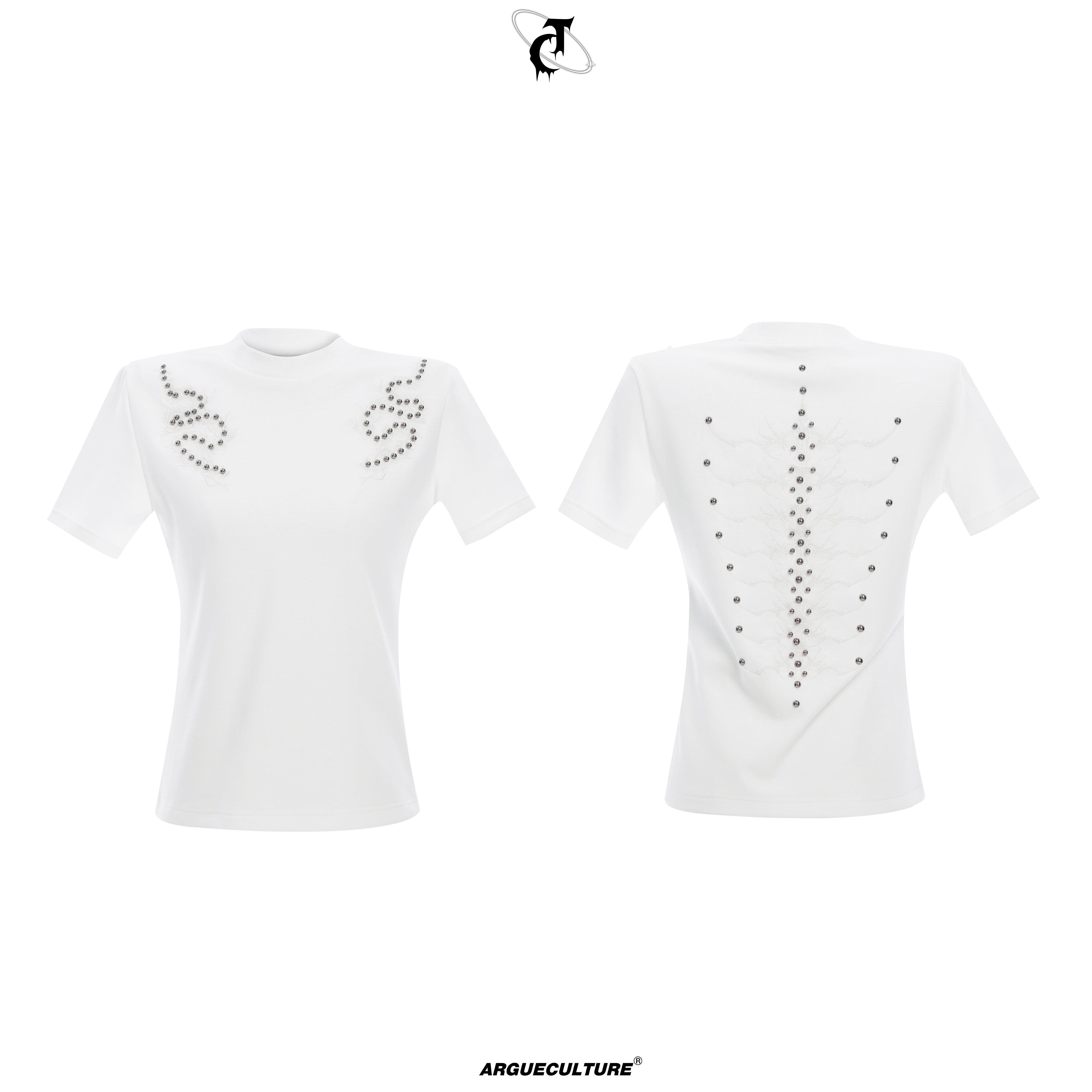 Heavyweight-280g-Short-Sleeve-T-Shirt---Studded-Spine-Embroidery-White