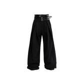 High-Waist-Pleated-Wide-Leg-Trousers---Loose-Fit-Streetwear-Pants-Black-（(Includes Belts)）