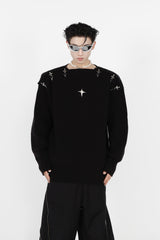 Hollow-Knit-Metal-Buckle-Sweater---Trendy-Off-Shoulder-Long-Sleeve-Black