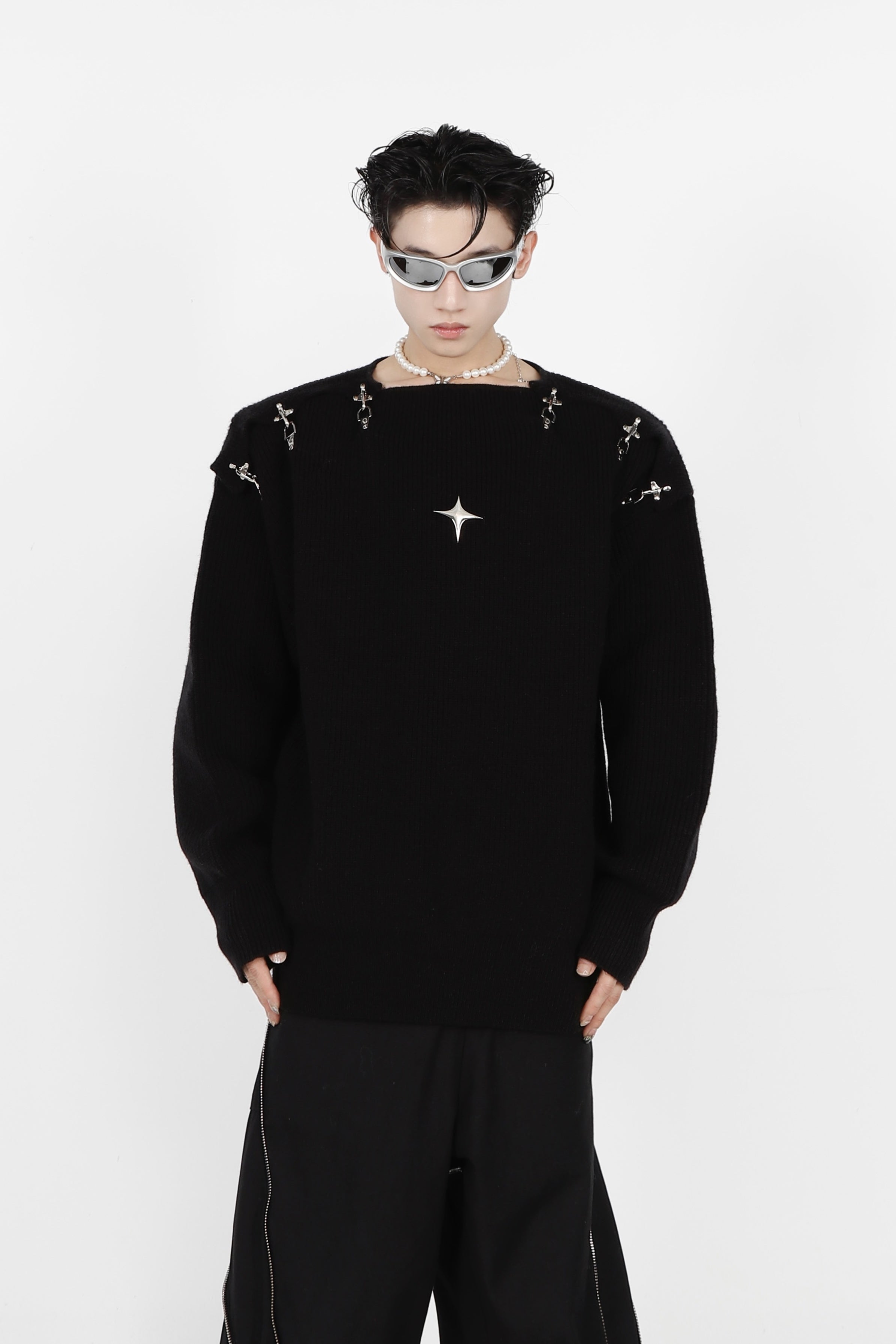 Hollow-Knit-Metal-Buckle-Sweater---Trendy-Off-Shoulder-Long-Sleeve-Black