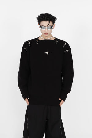 Hollow-Knit-Metal-Buckle-Sweater---Trendy-Off-Shoulder-Long-Sleeve-Black