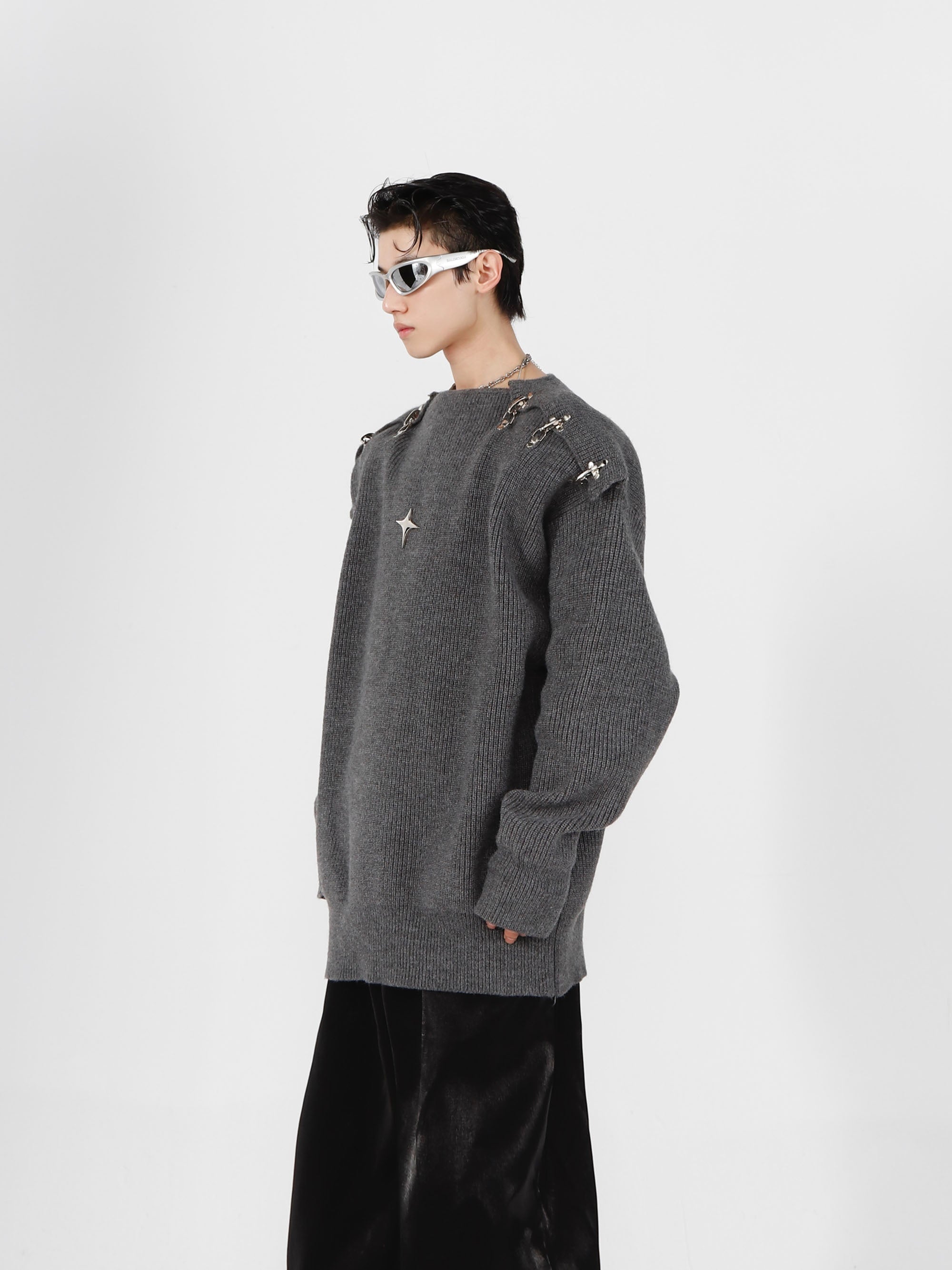 Hollow-Knit-Metal-Buckle-Sweater---Trendy-Off-Shoulder-Long-Sleeve-Dark-Gray