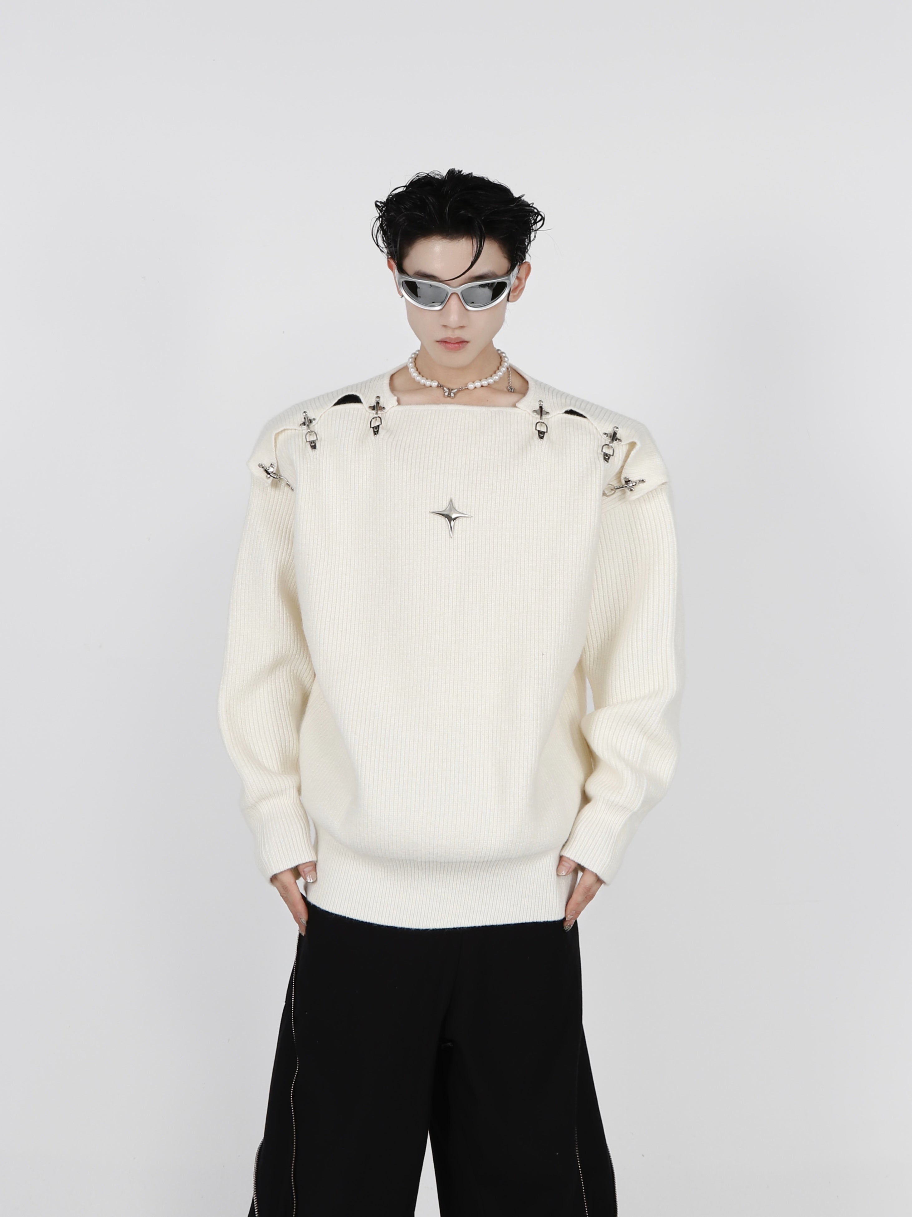 Hollow-Knit-Metal-Buckle-Sweater---Trendy-Off-Shoulder-Long-Sleeve-Ivory
