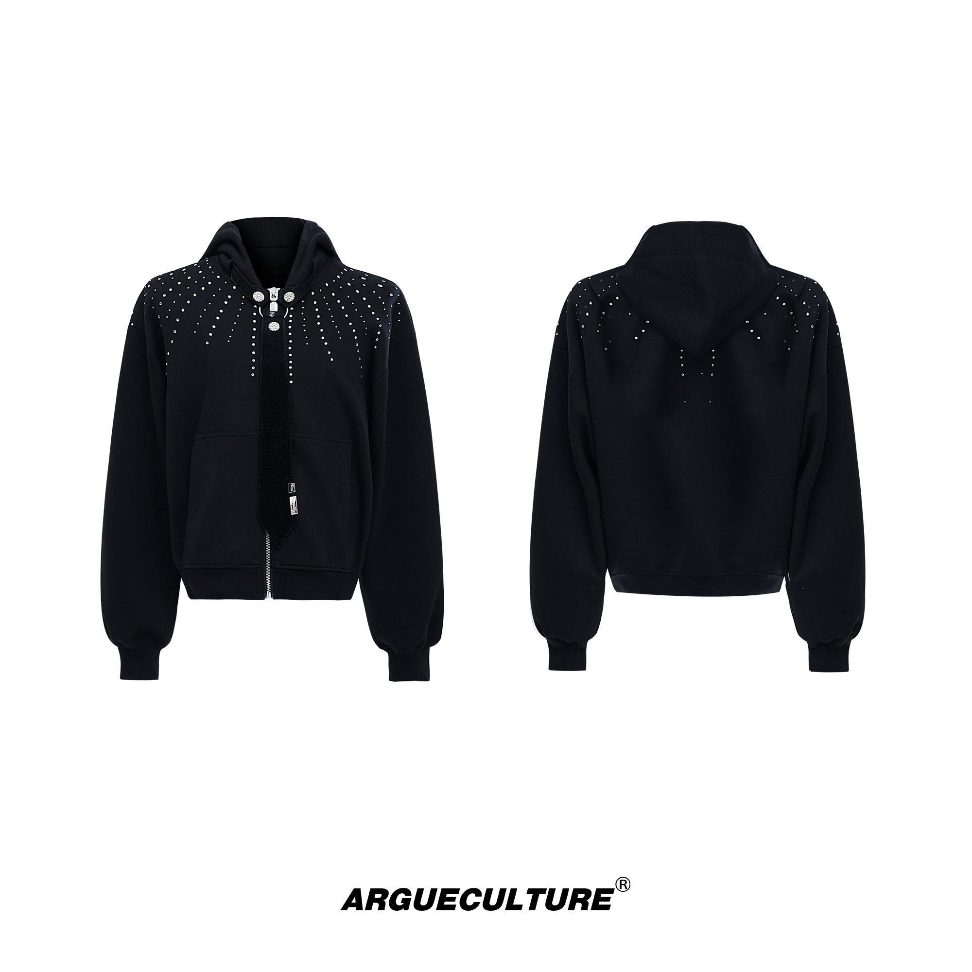 Hooded-Zip-Up-Sweatshirt-with-Detachable-Tie---Glitter-Detail-Oversized-Streetwear-Black