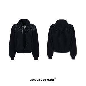 Hooded-Zip-Up-Sweatshirt-with-Detachable-Tie---Glitter-Detail-Oversized-Streetwear-Black