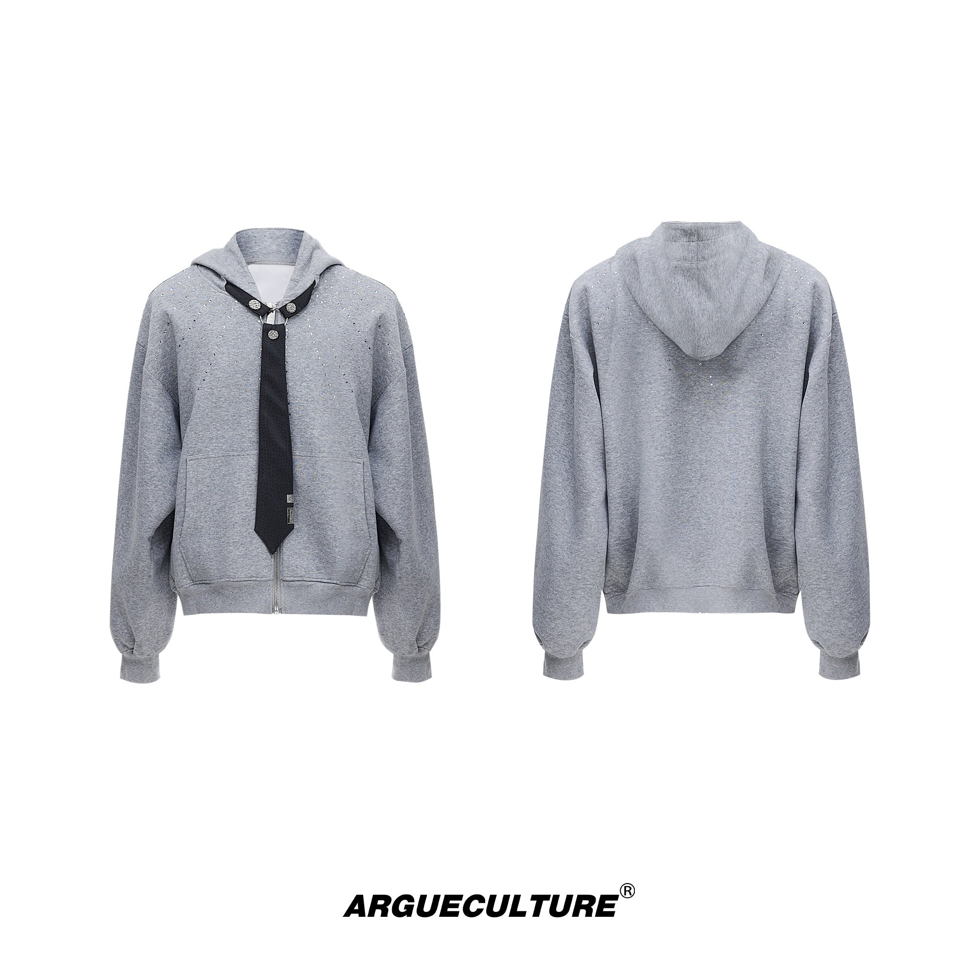 Hooded-Zip-Up-Sweatshirt-with-Detachable-Tie---Glitter-Detail-Oversized-Streetwear-Gray
