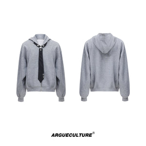 Hooded-Zip-Up-Sweatshirt-with-Detachable-Tie---Glitter-Detail-Oversized-Streetwear-Gray