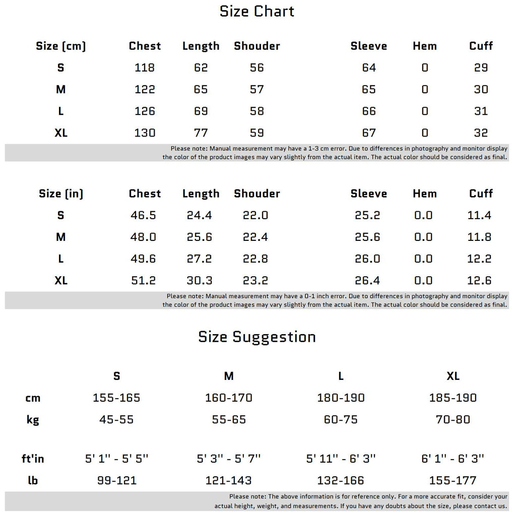 Size Chart for Individuelle Mehrfachtaschen-Arbeitsjacke mit abnehmbaren Schulterpolstern