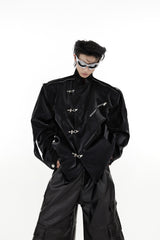 Liquid-Shine-Mandarin-Collar-Blazer-with-Epaulets--Metal-Clasps-Black