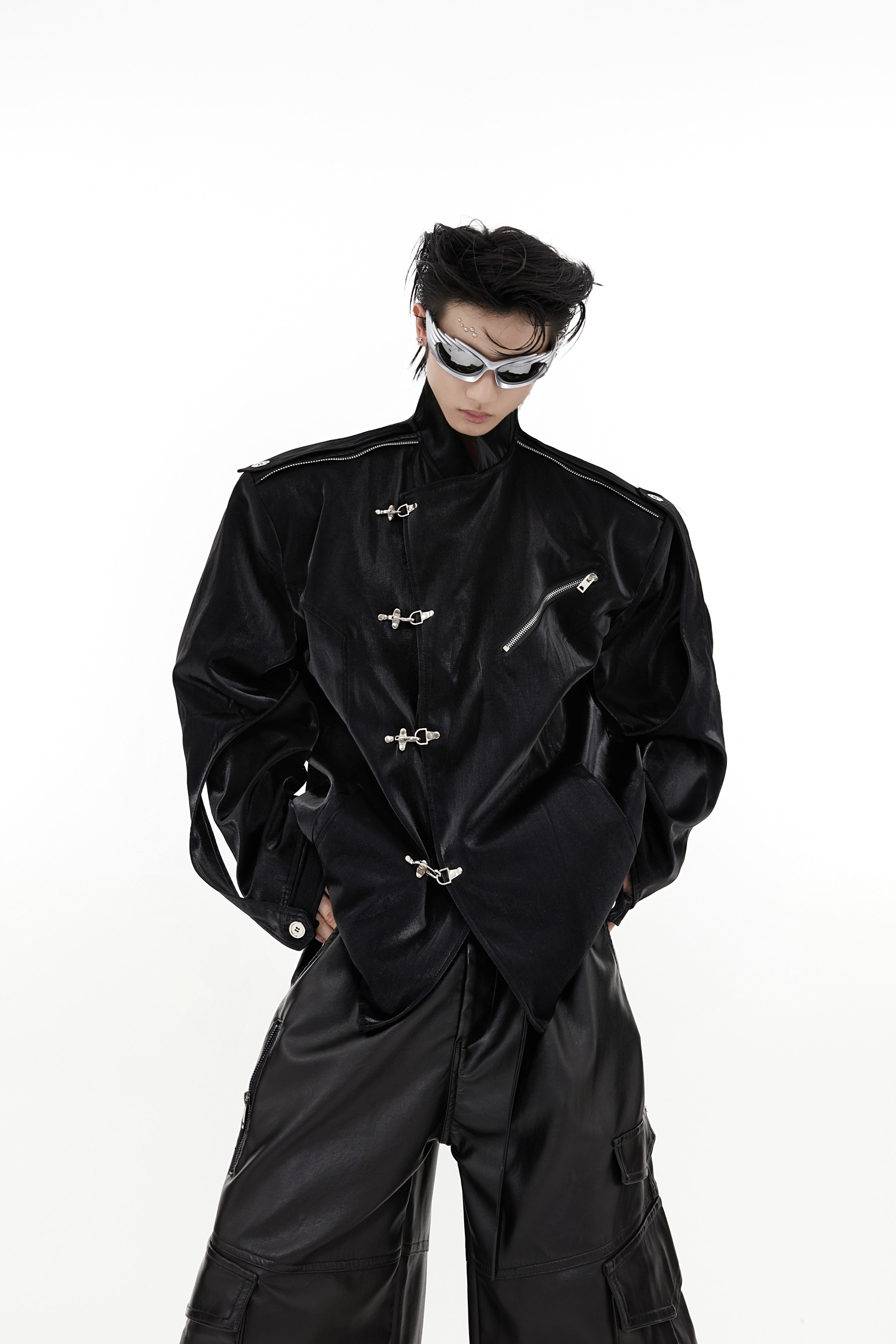 Liquid-Shine-Mandarin-Collar-Blazer-with-Epaulets--Metal-Clasps-Black