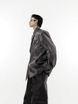 Liquid-Shine-Mandarin-Collar-Blazer-with-Epaulets--Metal-Clasps-Gray-