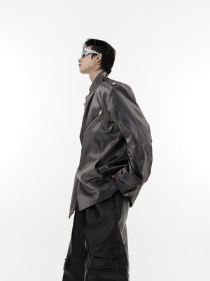 Liquid-Shine-Mandarin-Collar-Blazer-with-Epaulets--Metal-Clasps-Gray-