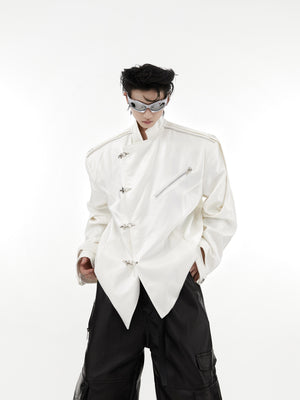 Liquid-Shine-Mandarin-Collar-Blazer-with-Epaulets--Metal-Clasps-White