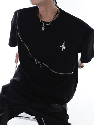 Mens-Zip-Up-Graphic-Cotton-Tee---Summer-Streetwear-Short-Sleeve-Black