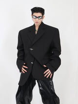 Metal-Button-Shoulder-Pad-Blazer---Double-Layer-Minimalist-Top-Black