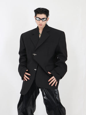 Metal-Button-Shoulder-Pad-Blazer---Double-Layer-Minimalist-Top-Black