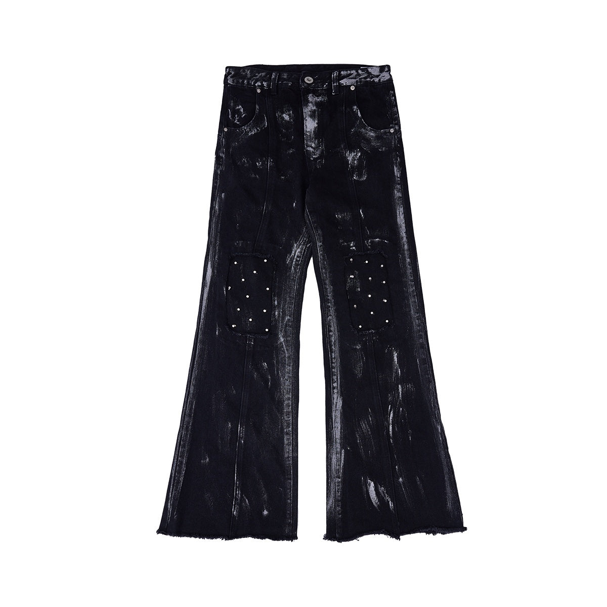 Metal-Studded-Distressed-Denim-Jacket-Set-with-Flared-Jeans-Black-Pants