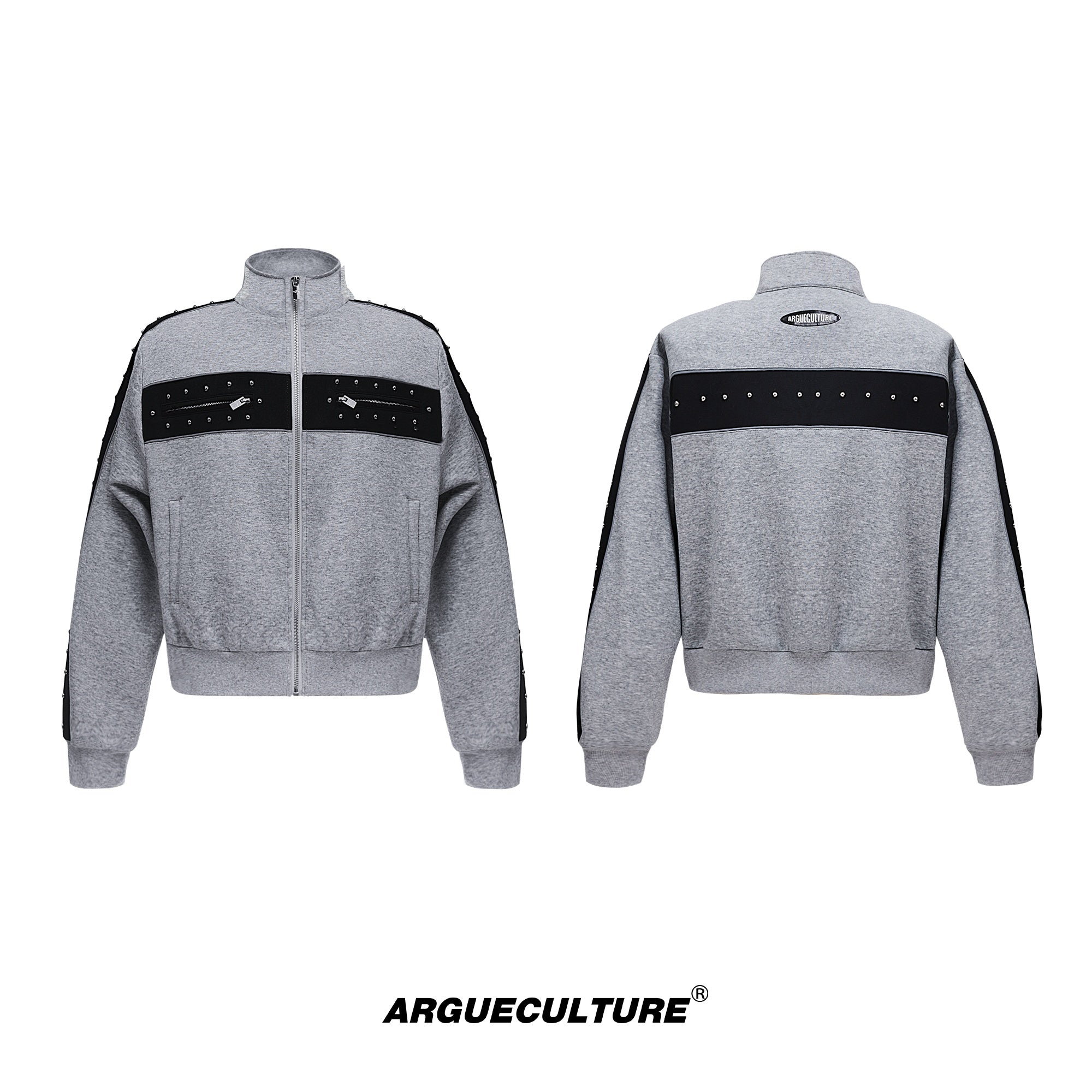 Metal-Studded-Drop-Shoulder-Cropped-Hoodie-Set---Streetwear-Joggers-Gray-Top
