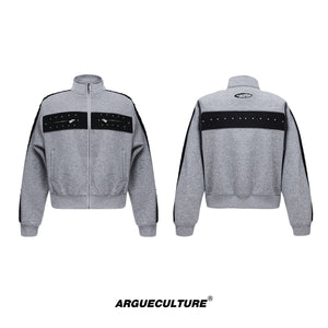 Metal-Studded-Drop-Shoulder-Cropped-Hoodie-Set---Streetwear-Joggers-Gray-Top