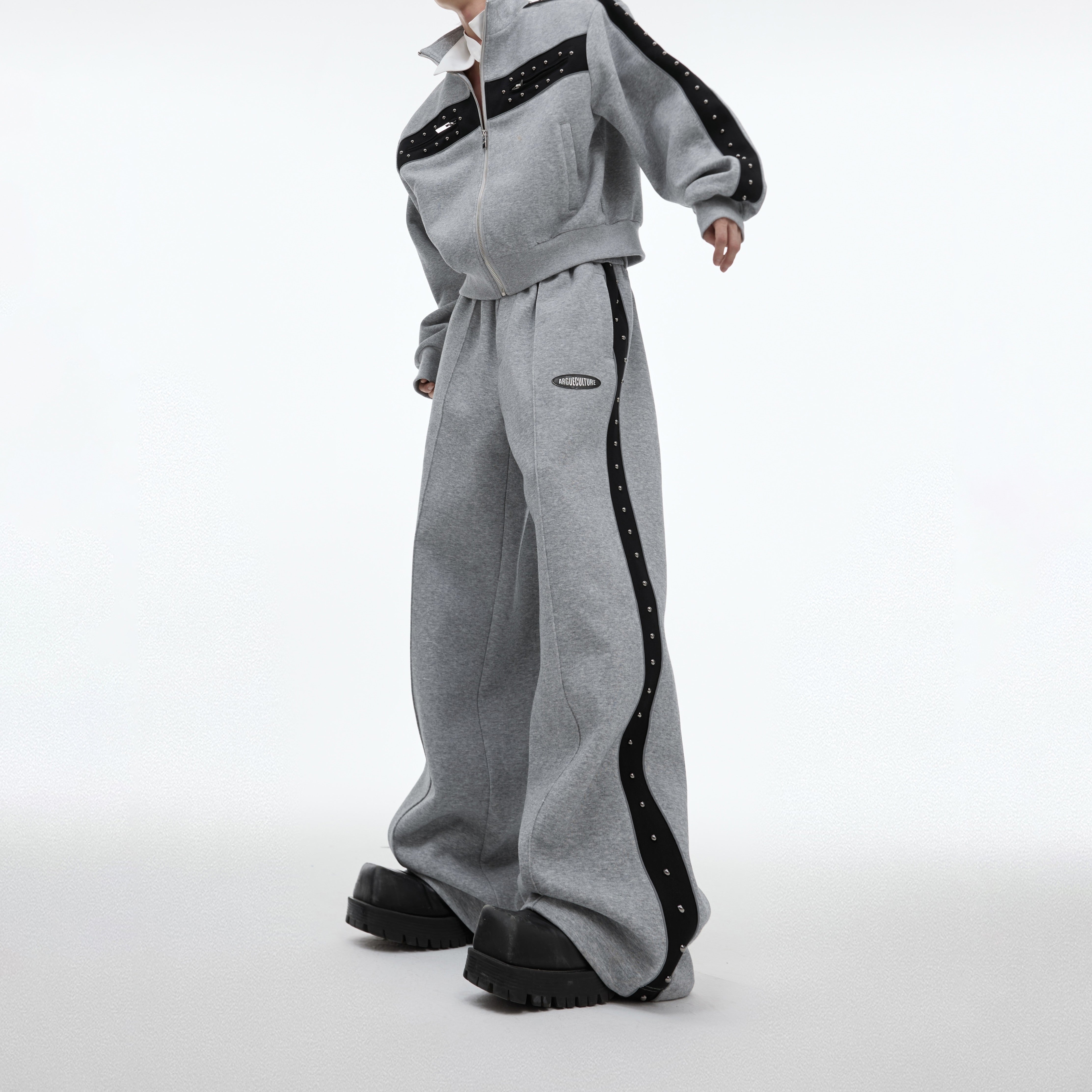 Metal-Studded-Drop-Shoulder-Cropped-Hoodie-Set---Streetwear-Joggers-Gray-Pants