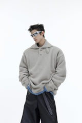 Metal-Trim-Plush-Knit-Sweater---Oversized-Fleece-Pullover-Gray