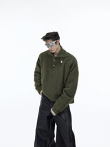 Metal-Trim-Plush-Knit-Sweater---Oversized-Fleece-Pullover-Green