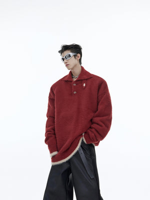 Metal-Trim-Plush-Knit-Sweater---Oversized-Fleece-Pullover-Red