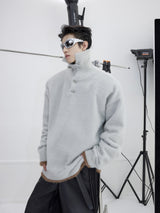 Metal-Trim-Plush-Knit-Sweater---Oversized-Fleece-Pullover-Silver