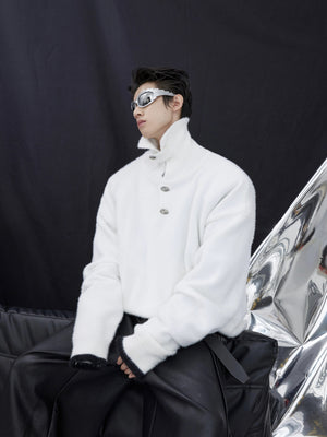 Metal-Trim-Plush-Knit-Sweater---Oversized-Fleece-Pullover-White