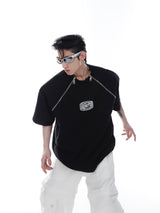 Metal-Trim-Zip-Up-White-Tee-with-Shoulder-Pads---Streetwear-Black
