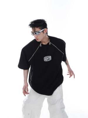 Metal-Trim-Zip-Up-White-Tee-with-Shoulder-Pads---Streetwear-Black