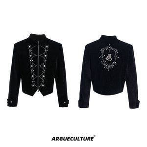 Metallic-Button-Cropped-Jacket---Streetwear-Stand-Collar-Top-Black-jacket
