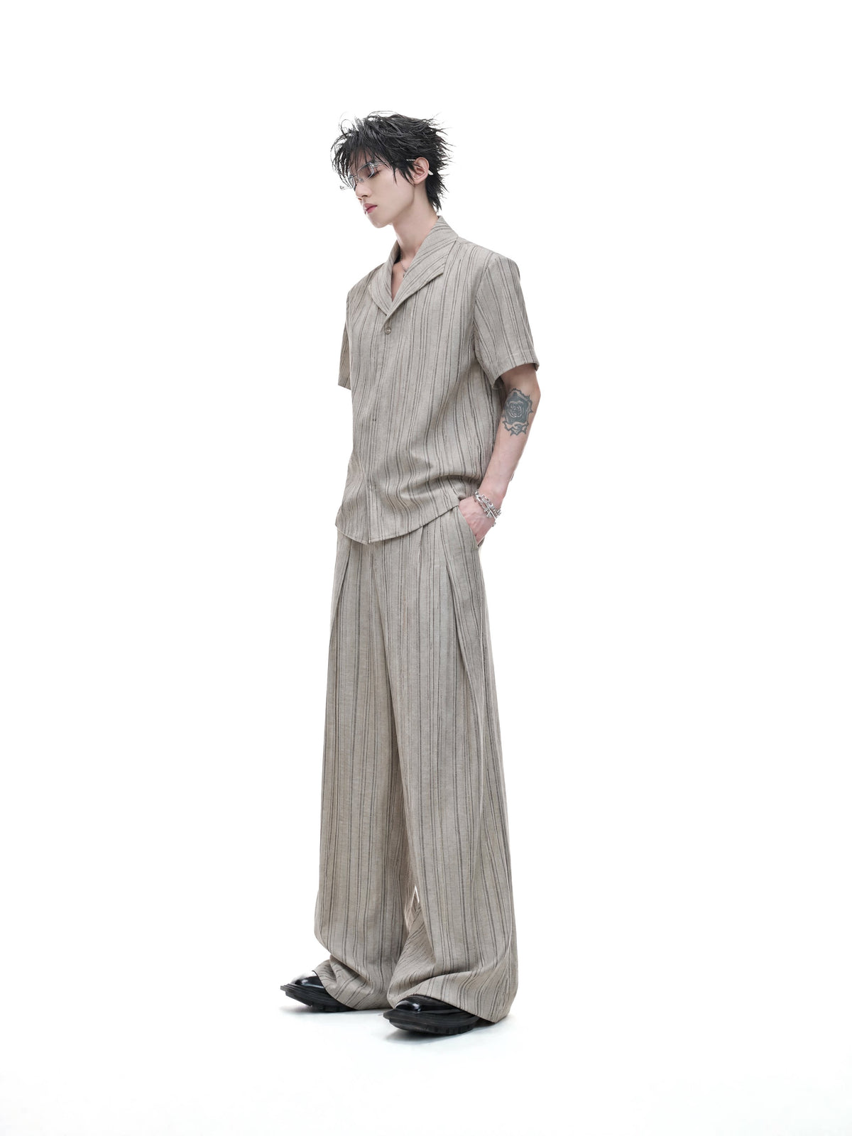 Khaki Striped Cuban Collar Shirt & Trousers - product image 1
