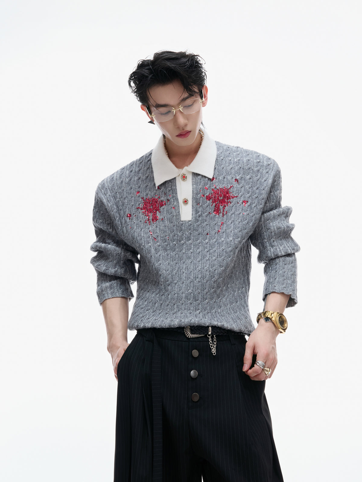 Retro Contrast Sequin Collared Sweater - product image 3