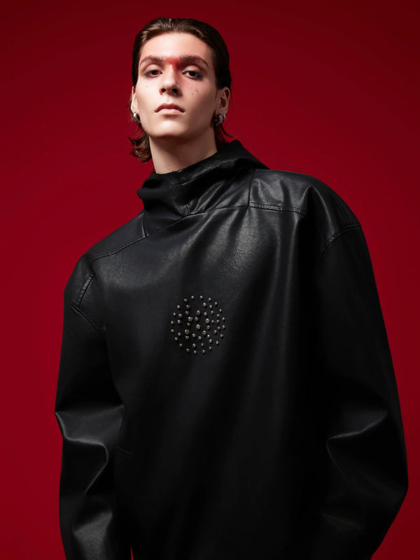 Oversized Faux Leather Punk Hoodie with Studs and Rhinestone Accents - ArgueCulture