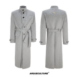 Gray belted long coat, front and back views