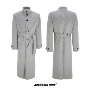 Gray belted long coat, front and back views