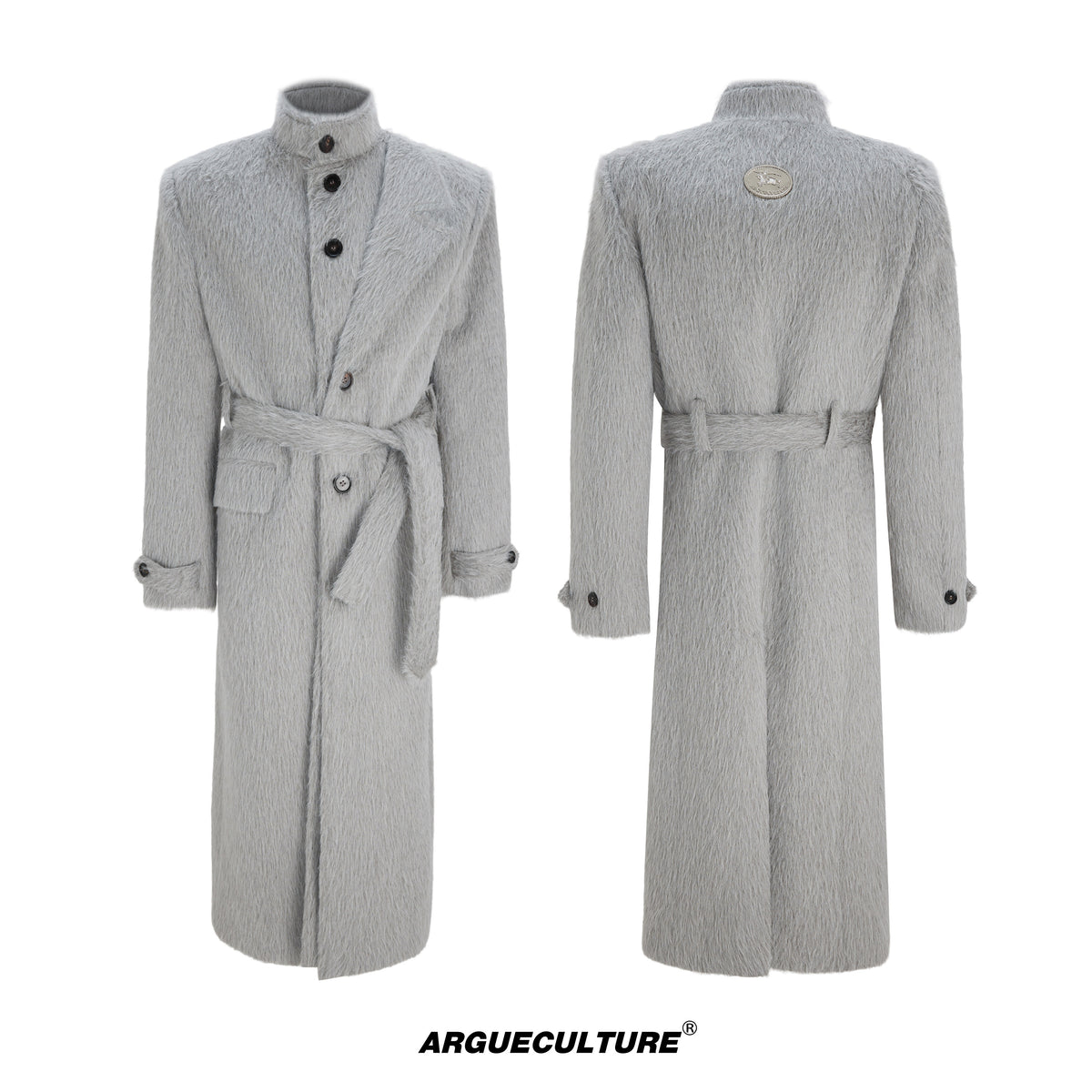 Gray belted long coat, front and back views