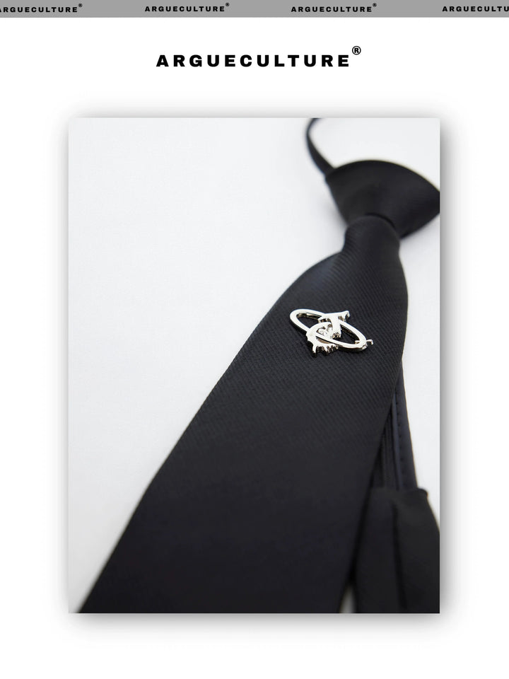 Metal Logo Black Adjustable Tie with PU Patch - ArgueCulture