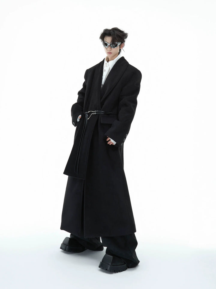 Metal Strap Wool Long Coat with Oversized Scarf Lapel - ArgueCulture